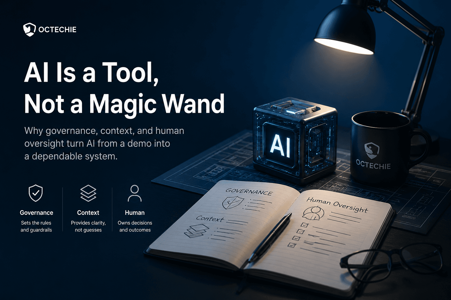 A controlled AI workspace showing that AI is a tool guided by governance, context, and human oversight.